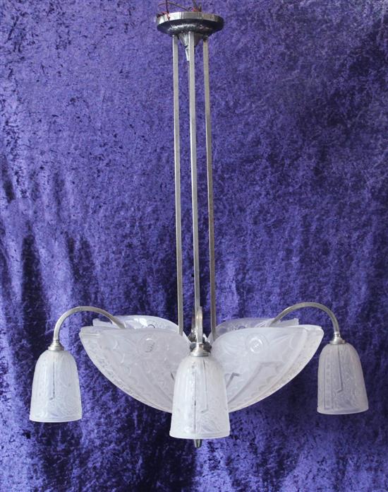 An Art Deco chrome and frosted glass ceiling light, 36 x 26in.